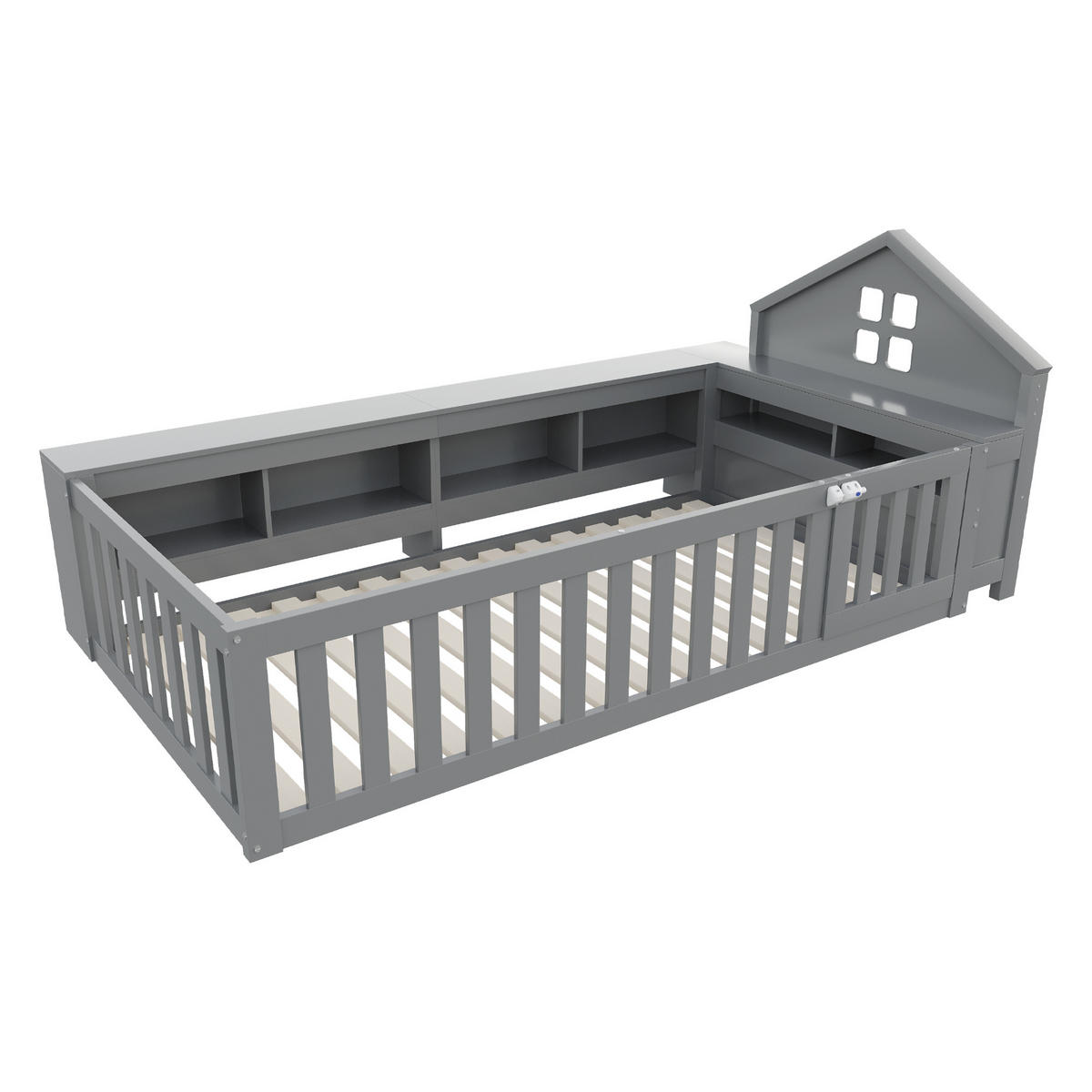 KINDERBETT 90/200 cm grau mit Dachleiste und Staufach - Grau, Holz (90/200cm) - OKWISH