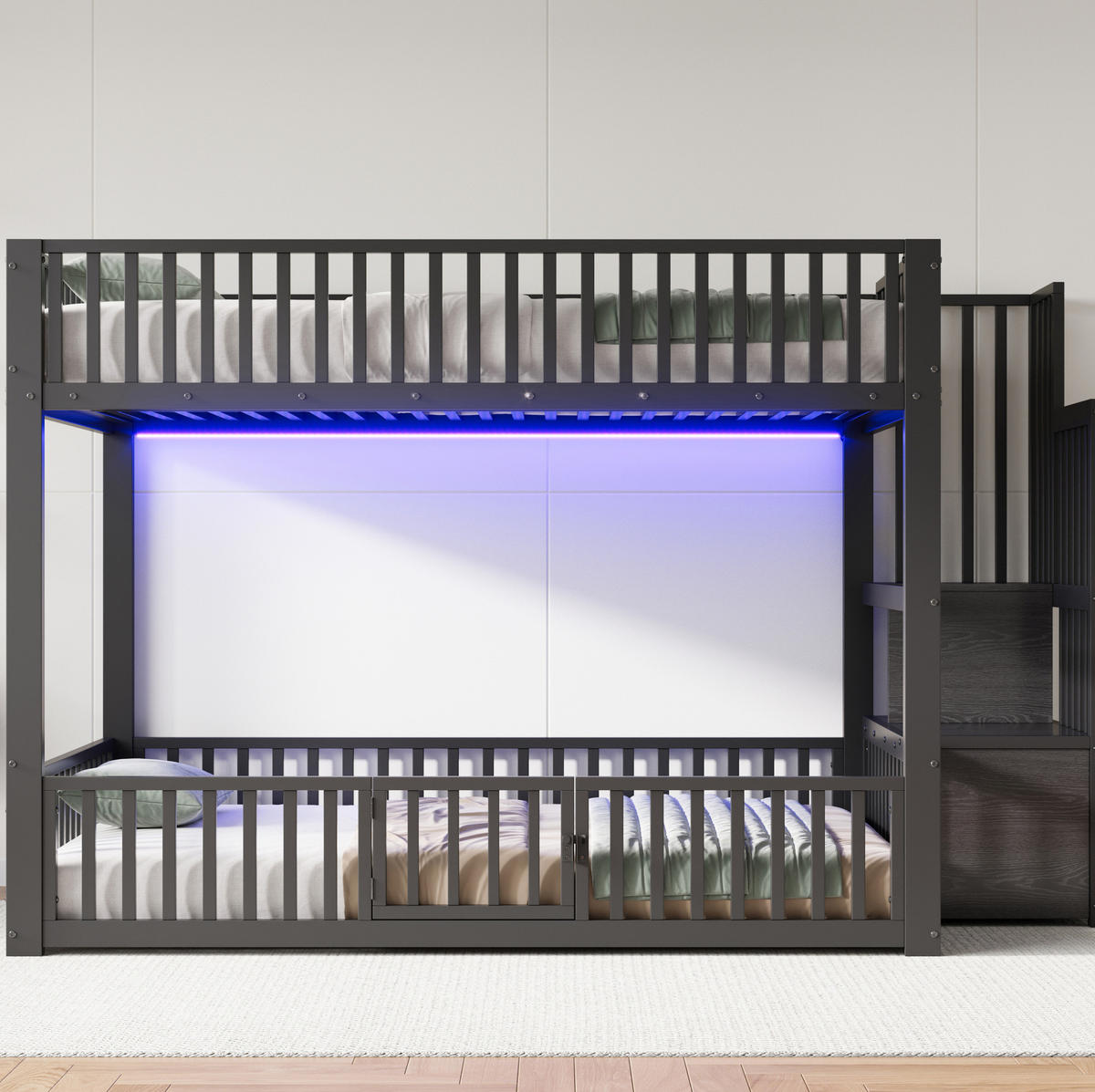 ETAGENBETT 140/200 cm schwarz aus Metall/MDF mit LED - Schwarz, Holzwerkstoff (140/200cm) - OKWISH