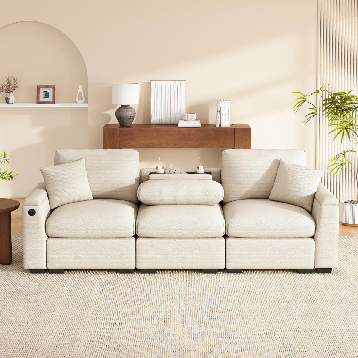 3-SITZER Sofa Chenille mit Klapptisch USB-Anschluss und Stauraum 242/80/88 cm Beige - Beige, Kunststoff/Textil (80/88/242cm) - Redom