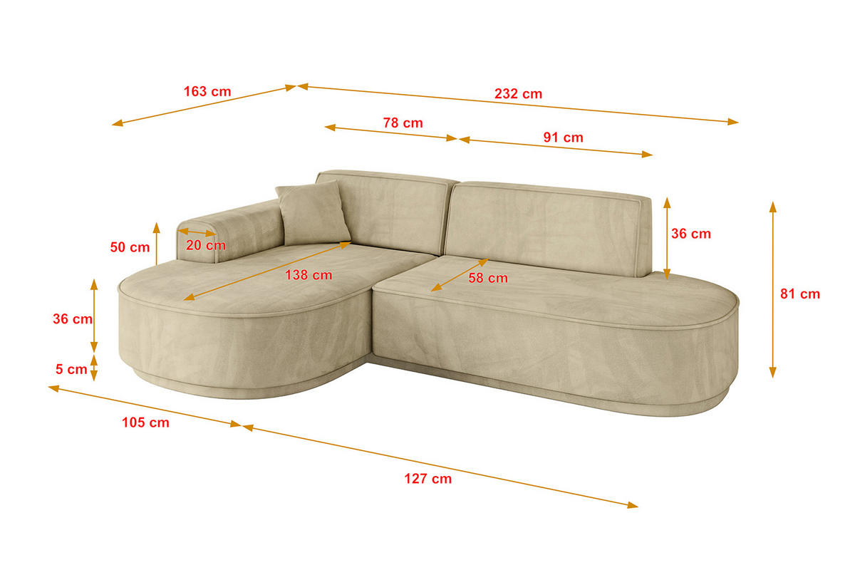 ECKSOFA Ottomane Links MARI-L1-v3 - 232x163x81 cm Beige Velours - Beige/Schwarz, Holzwerkstoff/Kunststoff (232/163cm) - ALTDECOR
