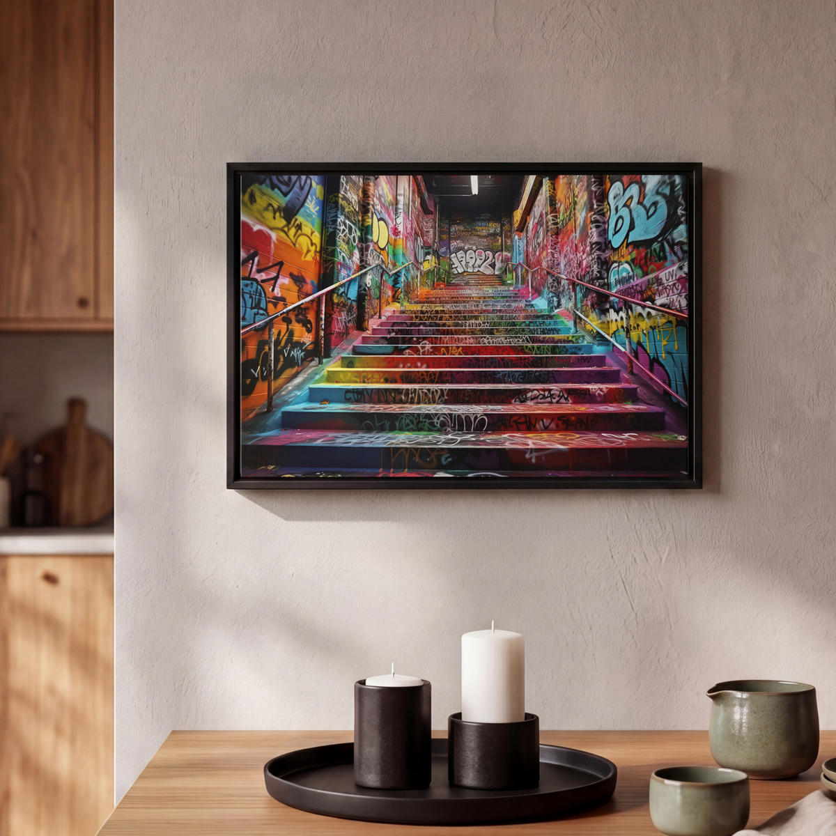 LEINWAND Bilder mit Rahmen - Treppe - Graffiti - Farben - Kunst - 30x20 - Multicolor, Textil (30/20cm) - MuchoWow