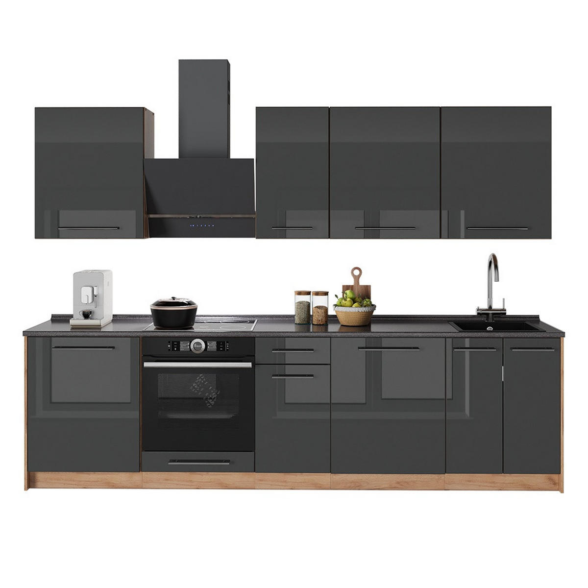 KÖK Fame-Line, Antracit högblank/Goldkraft ek, 280 cm utan bänkskiva - Honungsek/Svart högglans, Träbaserade material (280/206.8/51.6cm) - Vicco