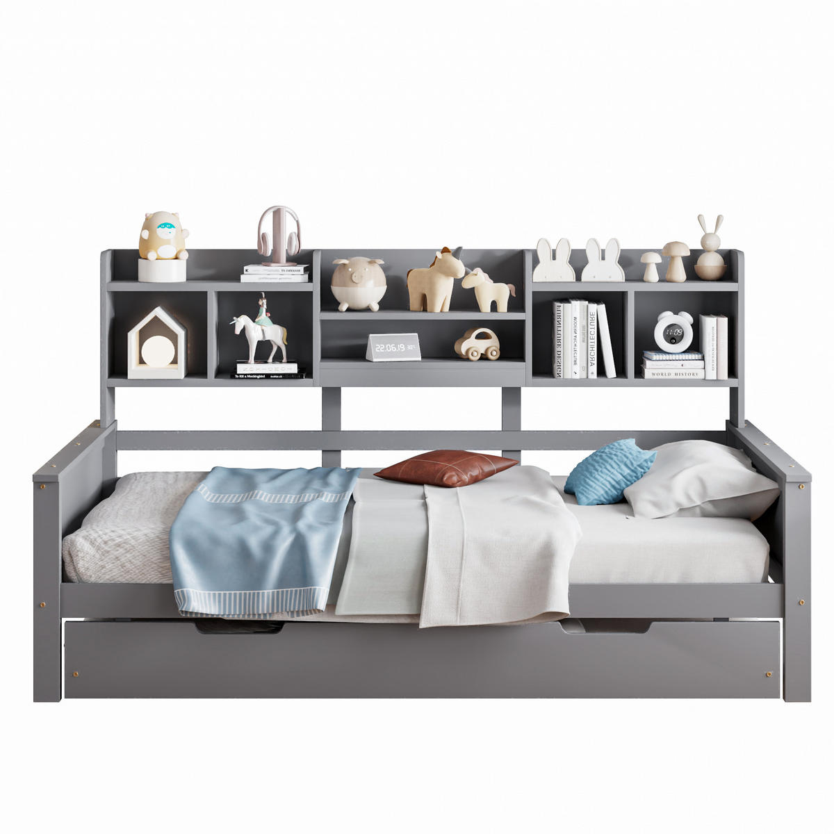 BETT mit integriertem Regal und Ausziehfunktion Kiefernholz Grau 90/200 cm - Grau, Holz (90/200cm) - OKWISH