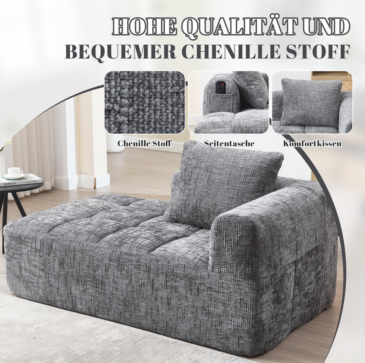 SOFA s ležaljkom, 158/90/60 cm, ženil siva, s bočnim džepovima i jastukom - siva, tekstil (60/158/90cm) - BEAOK