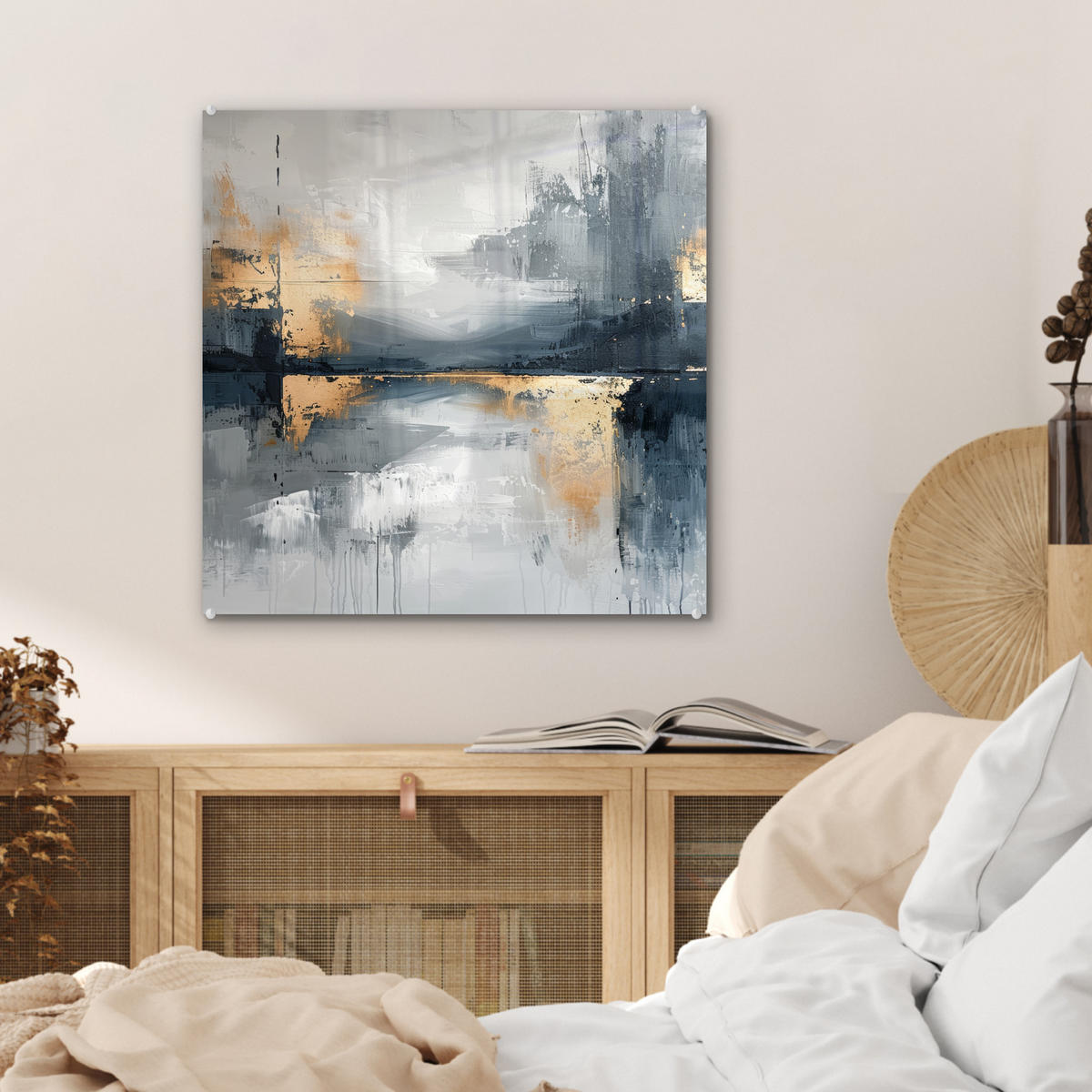 OBRAZ NA AKRYLOVOM SKLE Umenie - sivé - zlaté - abstraktné 50x50 cm - tmavosivá, sklo (50/50cm) - MuchoWow
