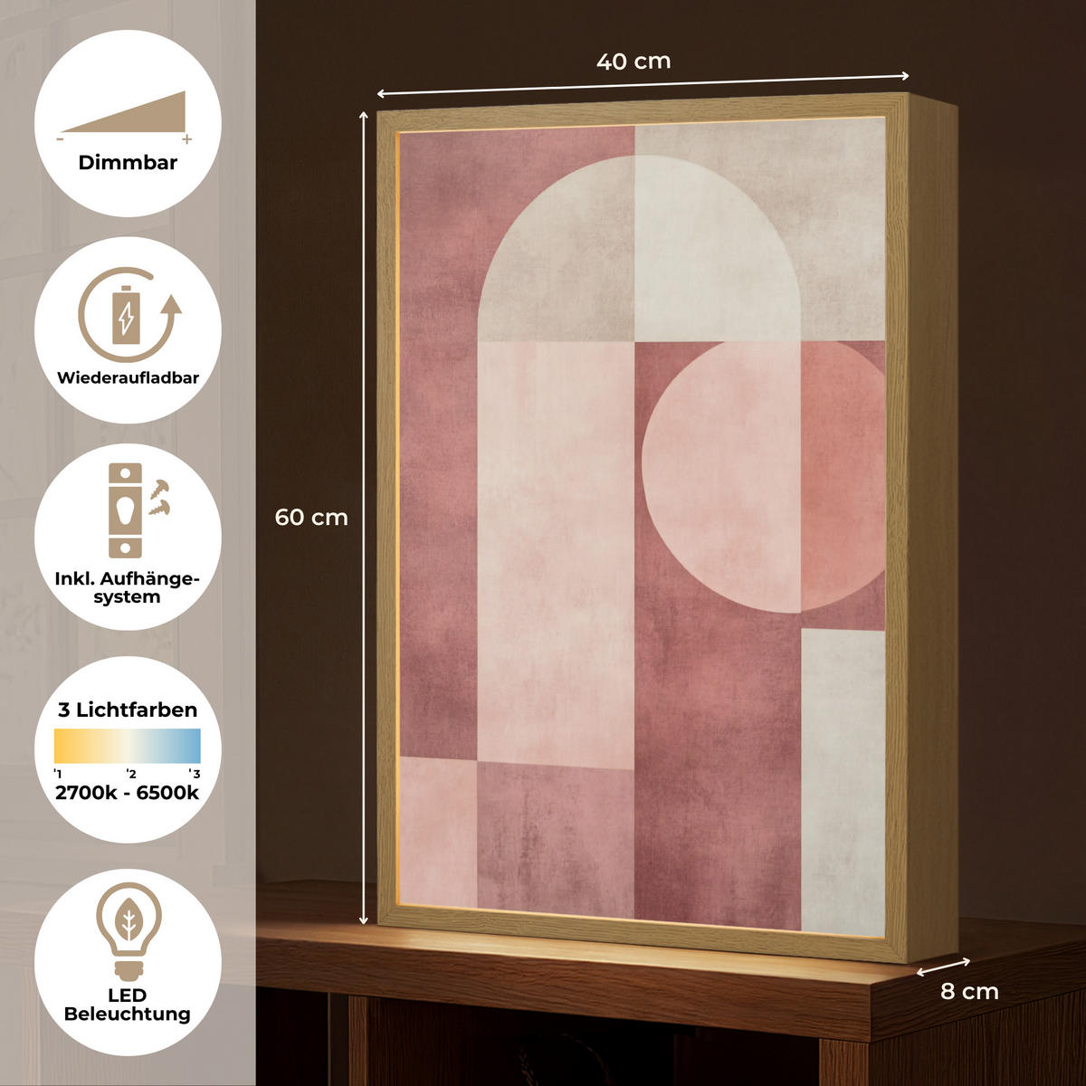 NÁSTĚNNÁ LAMPA S AKUMULÁTOREM Postavy - Abstraktní - Růžová 40x60 cm - starorůžová, kompozitní dřevo (40/60/8cm) - OnlyWow