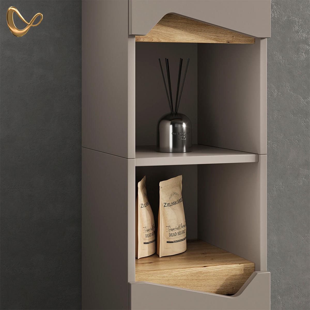 BADSCHRANK Timavo Greige 30 x 180 cm mit Türen, und offenen Fächern - Greige/Grau, Holzwerkstoff (30/180/35cm) - Livinity®