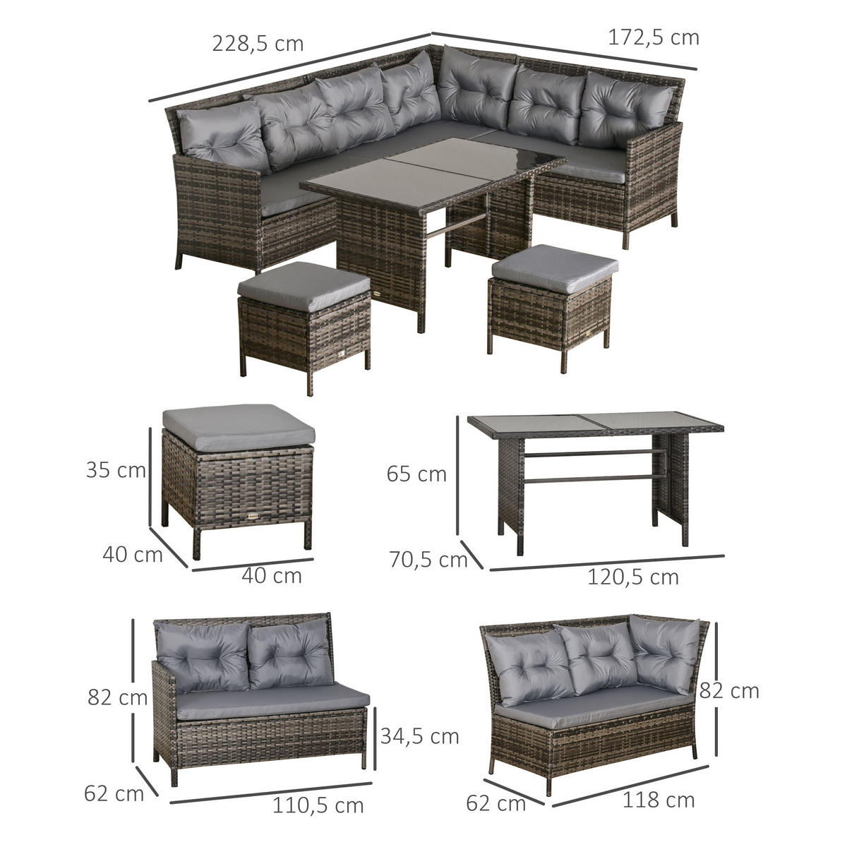 GARTENSET Lounge, Polyrattan, Grau - Grau, Kunststoff - Outsunny