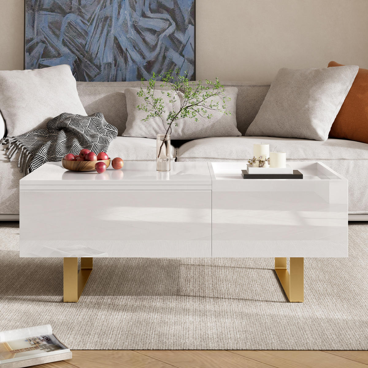 COUCHTISCH Höhenverstellbar MDF Hochglanz Schublade - Weiß, Holzwerkstoff (50/100/54.5cm) - FLIEKS