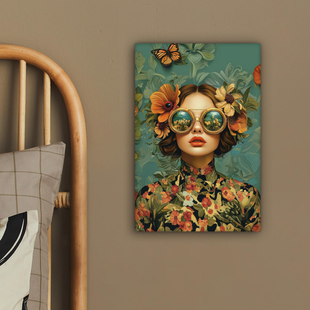 LEINWANDBILD Frau - Blumen - Schmetterlinge - Natur - Vintage Deko Wohnzimmer 20x30 cm - Salbeigrün, Textil (20/30cm) - MuchoWow