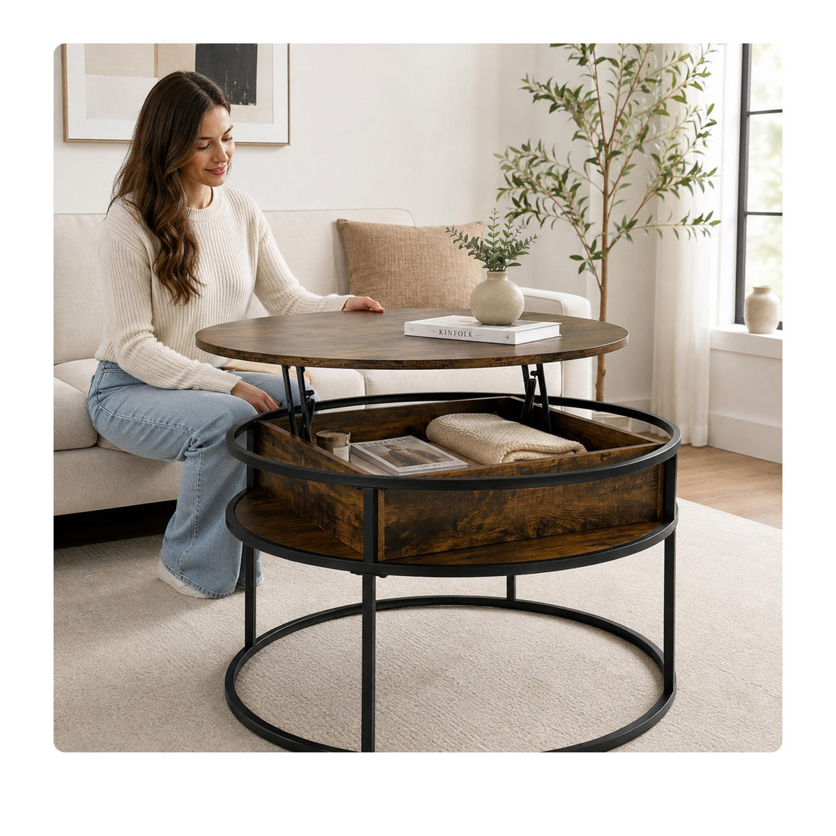 COUCHTISCH Schwarz Industrial mit Liftfunktion - Dunkelbraun, Holzwerkstoff/Metall (80/80/47cm) - Relaxdays