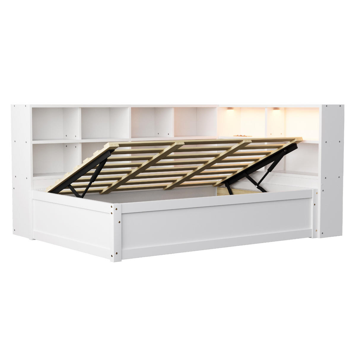 BETT mit hydraulischem Bett und Staufächern Weiß 90/200 cm - Weiß, Holz (90/200cm) - OKWISH