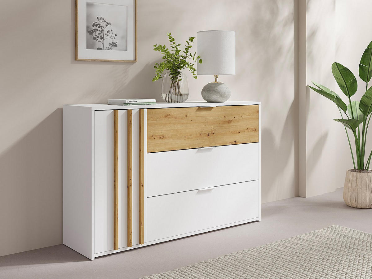 KOMMODE - 125 x 35 - holz - naturfarben hell, weiß Tunalo - Weiß, Holz (125/79/35cm) - Vente-Unique