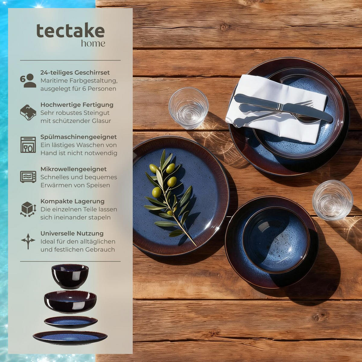 TAFELSERVICE Mare, ineinander stapelbar, blau/braun - Blau, Keramik (26.5/2.5/26.5cm) - tectake