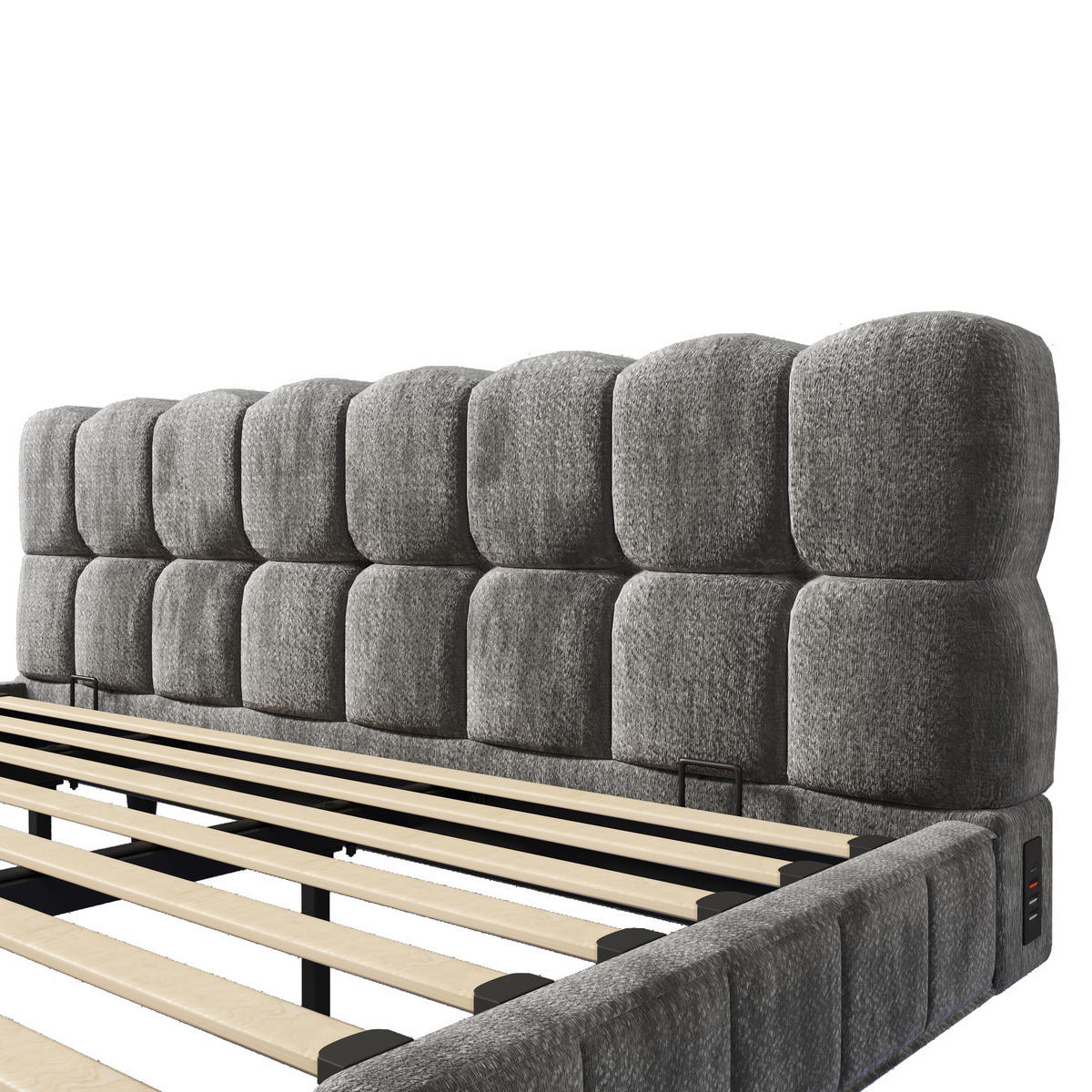 ČALÚNENÁ POSTEĽ 180 × 200 cm v sivej farbe s úložným priestorom, LED osvetlením a USB, zo ženilky - čierna/sivá, kov/kompozitné drevo (180/200cm) - CHICFURN
