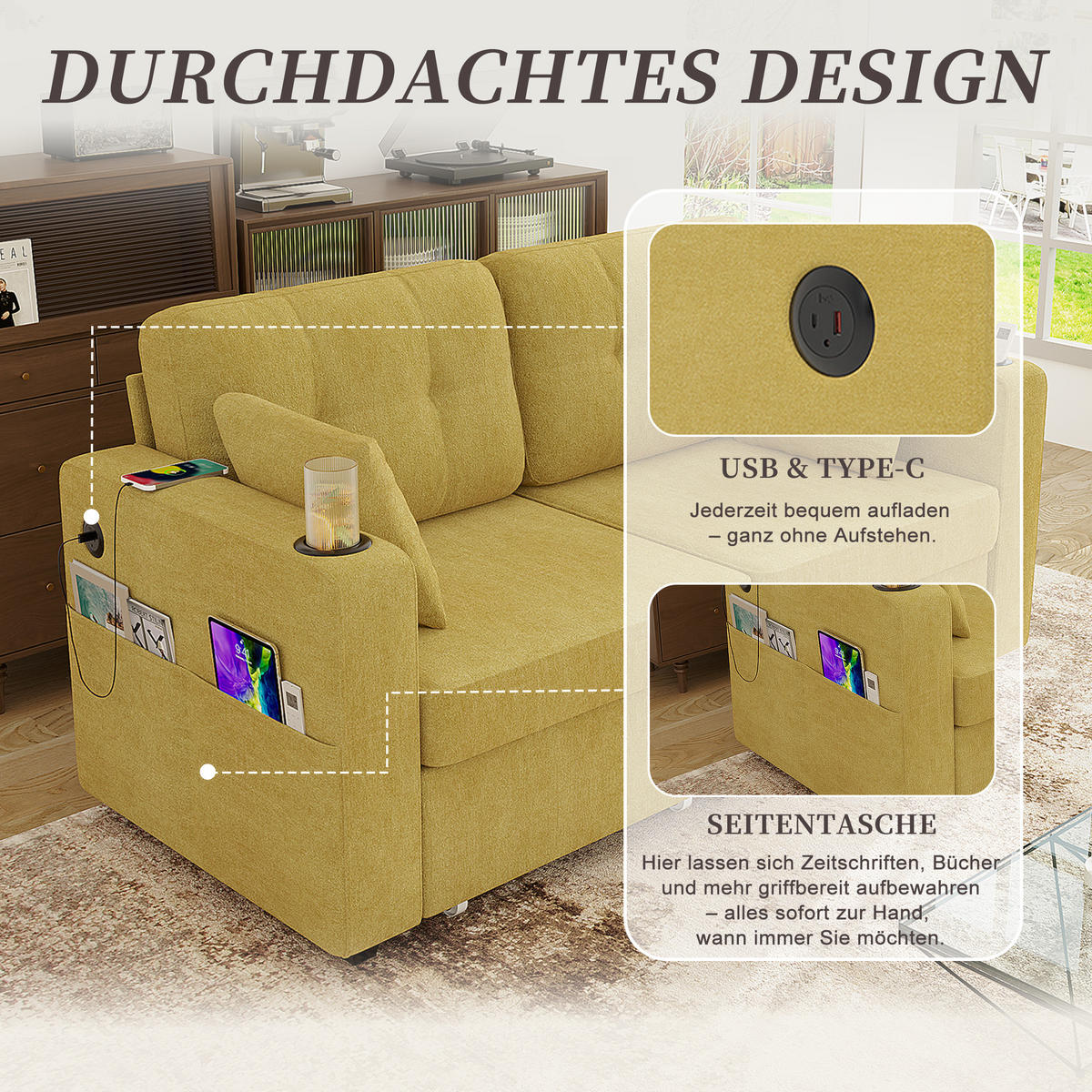 2-SITZER SOFA Chenille Senfgelb mit USB, Getränkehaltern und Stauraumschubladen - Gelb, Textil/Metall (172/82/75cm) - WISHDOR