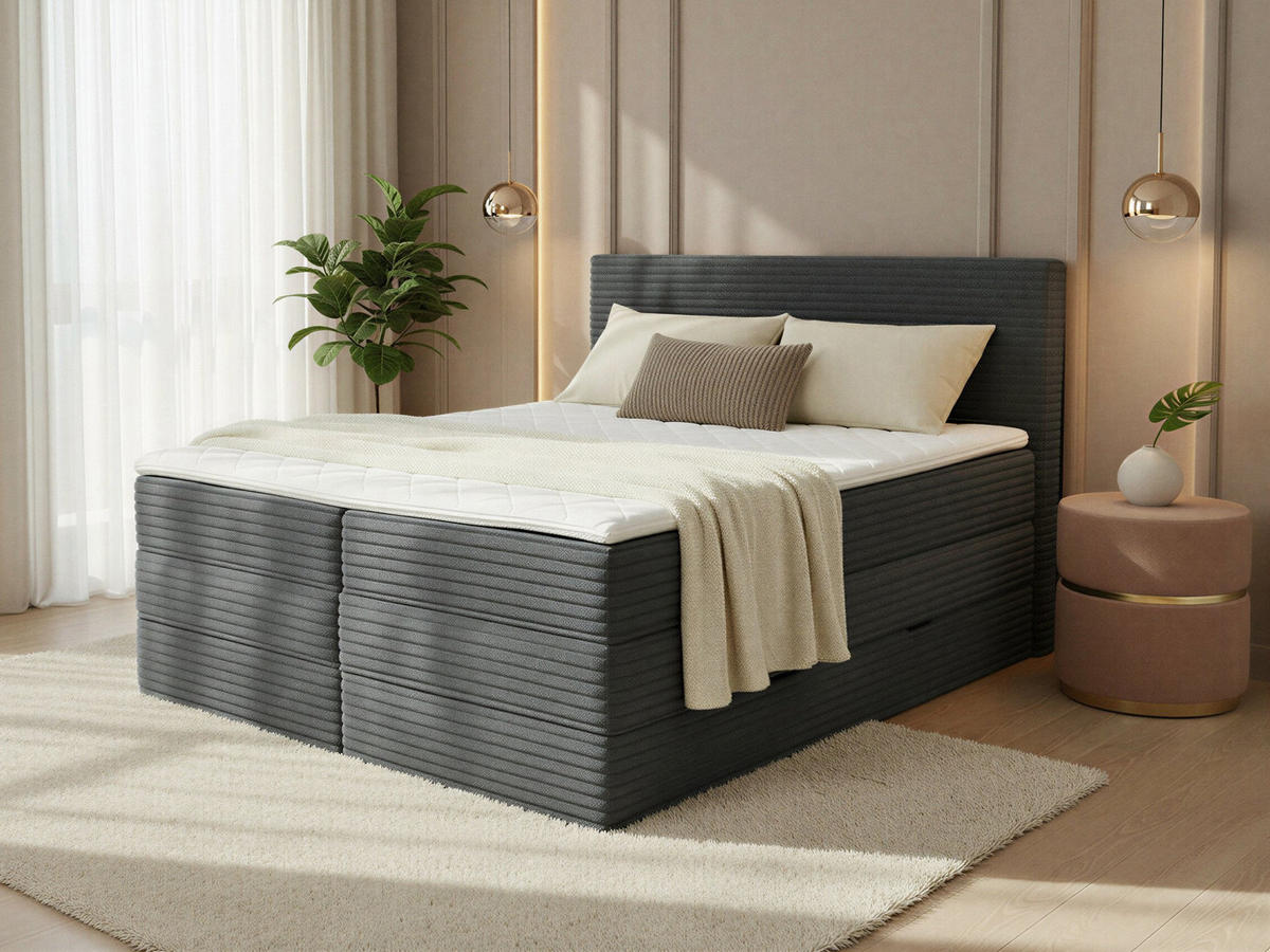 BOXSPRINGBETT Mollo Max - 140x200 - dunkelgrau (Tilia 90, Cord) - Dunkelgrau/Schwarz, Holz/Holzwerkstoff (140/200cm) - Sofnet