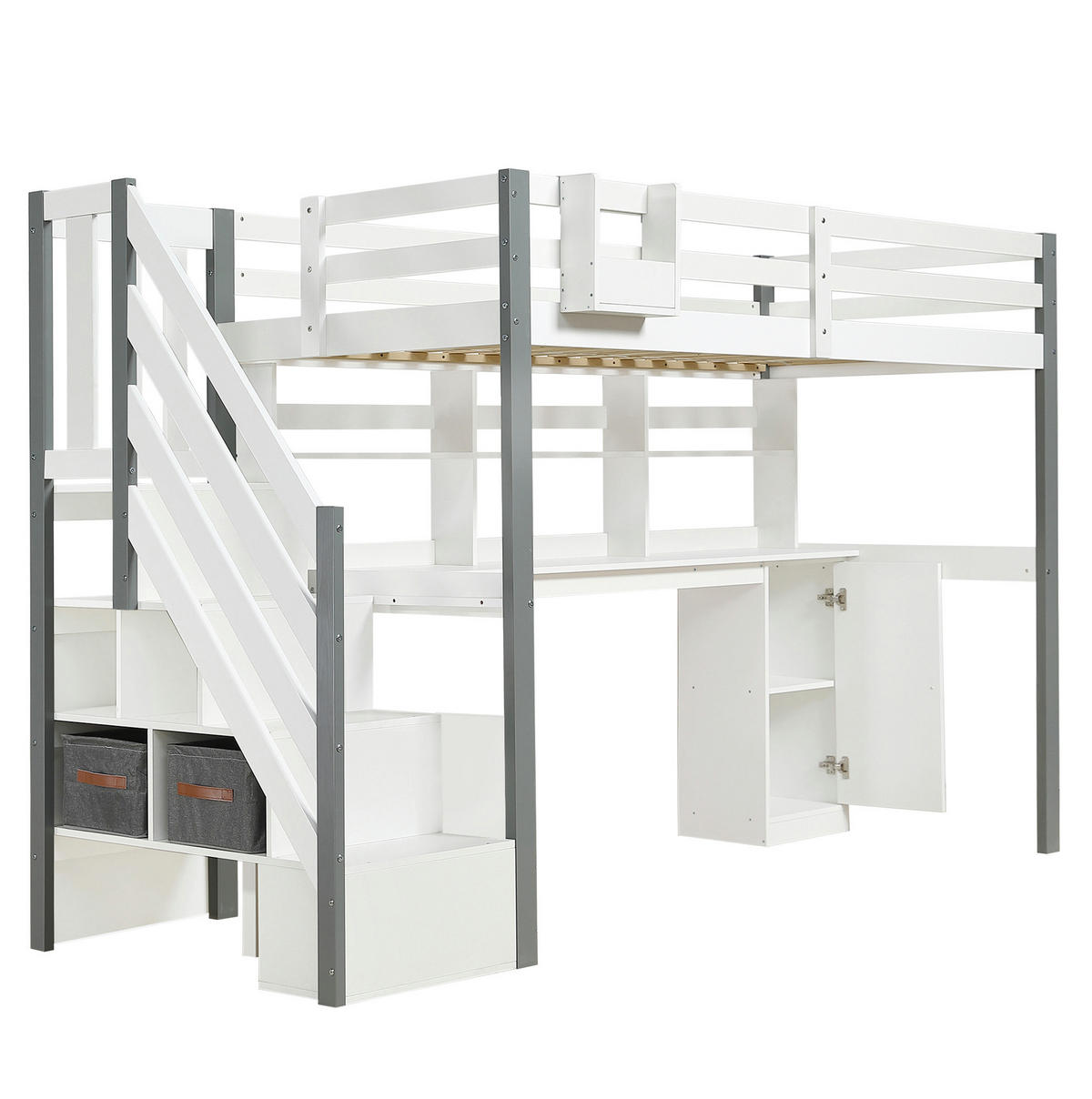 HOCHBETT 90/200 cm Weiß/Grau mit Schreibtisch und Stauraum - Weiß, Holz (90/200cm) - Flora Grace