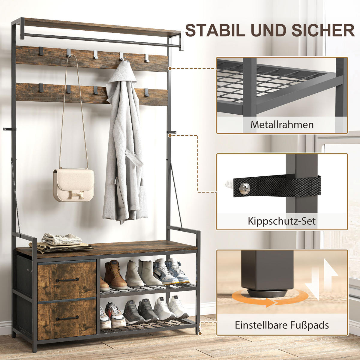 GARDEROBENSTÄNDER mit Sitzbank 100/40/180 cm - Braun, Holzwerkstoff (40/180/100cm) - HOMCOM