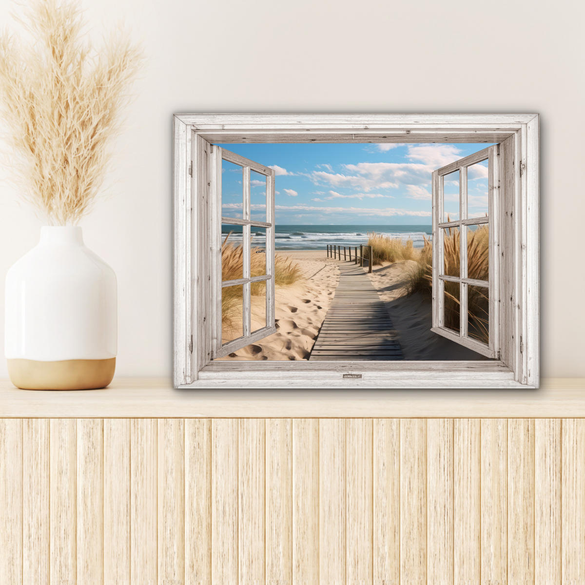 LEINWANDBILD Fenster - Meer - Küste - Natur - Ausblick - Strand - Wattenmeer 40x30 cm - Beige, Textil (40/30cm) - MuchoWow