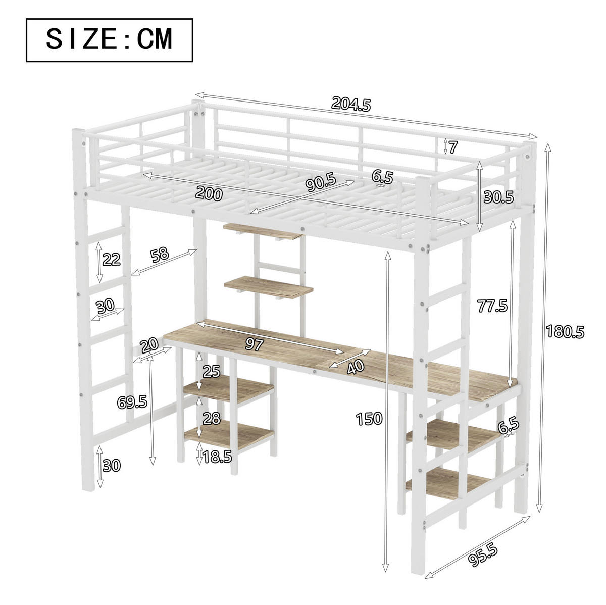 HOCHBETT 90/200 cm aus Metall und MDF mit Schreibtisch und Regalen, Weiß - Weiß, Holzwerkstoff (90/200cm) - Flora Grace