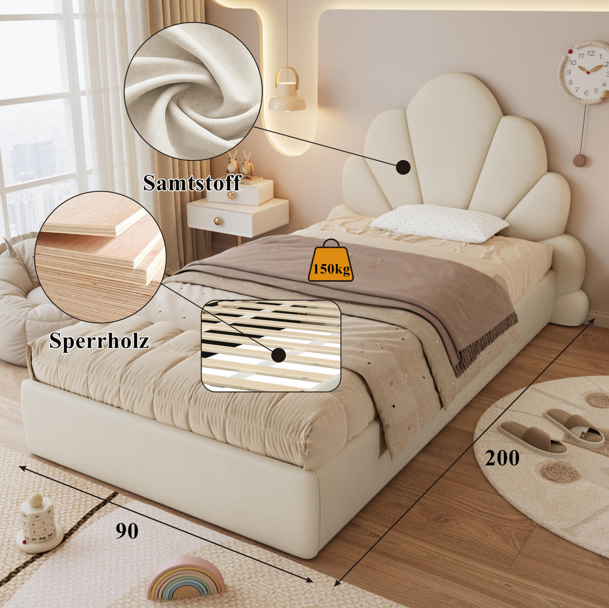 POLSTERBETT 90/200 cm aus Samt mit blütenförmigem Kopfteil Beige - Beige, Textil (90/200cm) - Modenvie