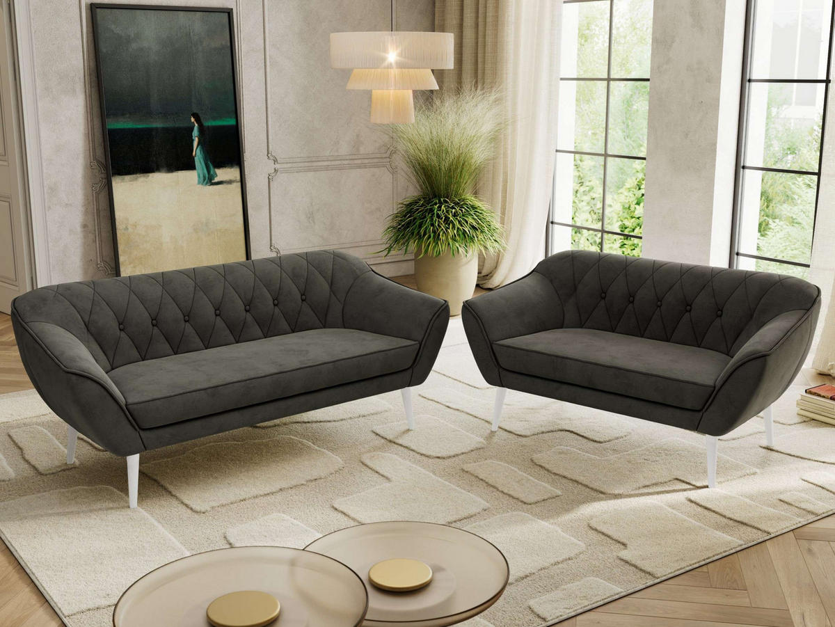 SITZGARNITUR PIRS 3+2 - Dunkelgrau Velvet - Weiße Beine - Dunkelgrau/Weiß, Holzwerkstoff/Textil (180/75/74cm) - MKS