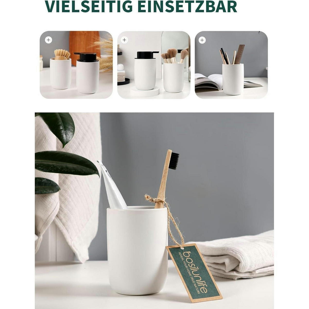 SEIFENSPENDER mit Zahnbürstenhalter Keramik Weiß 350ml - Weiß, Keramik (8/14/8cm)