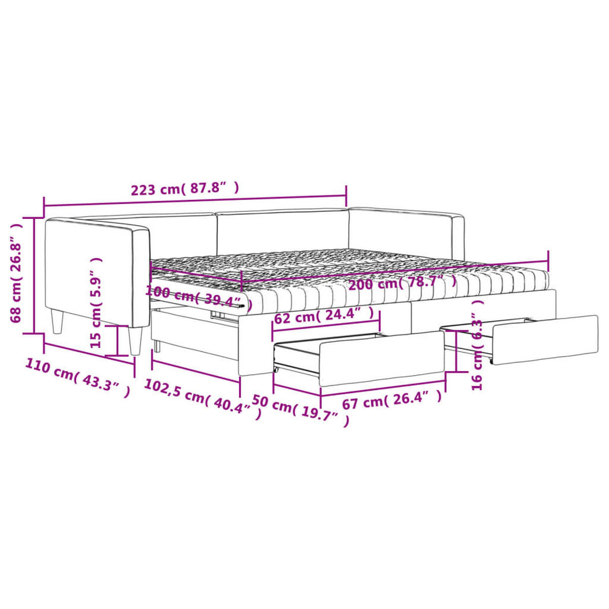 TAGESBETT AUSZIEHBAR MIT SCHUBLADEN HELLGRAU 100X200 CM STOFF - Hellgrau, Holz/Textil - vidaXL