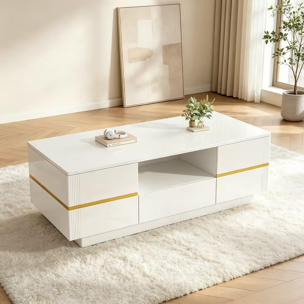 COUCHTISCH mit LED Weiß/Gold 100/50/35,5 cm 2 Türen - Weiß, Holzwerkstoff (100/50/35.5cm)