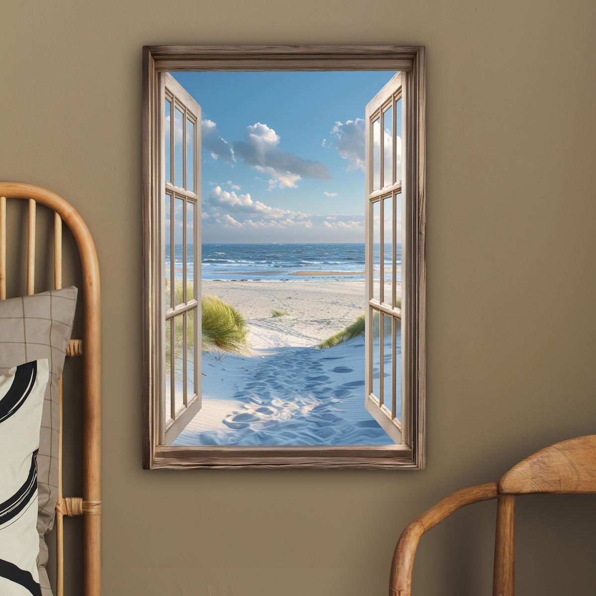 LEINWANDBILD Aussicht - Strand - Fenster - Dünen - Meer 60x90 cm - Hellblau, Textil (60/90cm) - MuchoWow