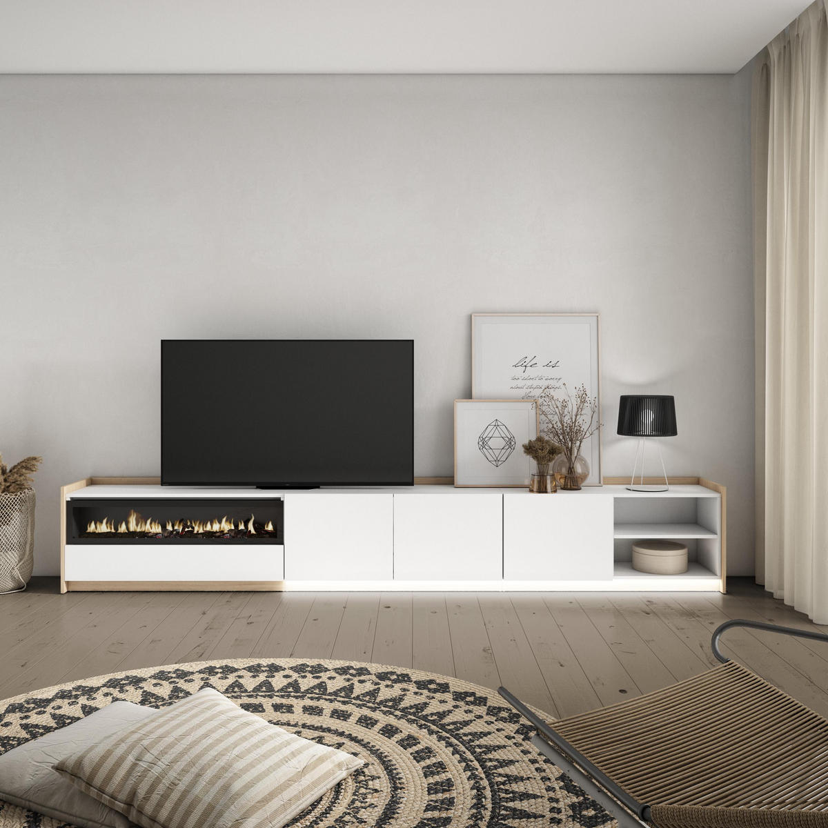 LOWBOARD, Weiß und Eiche, 310/37/50cm, Kamin mit Feuereffekt - Weiß, Holzwerkstoff (310/50/37cm) - Skraut Home