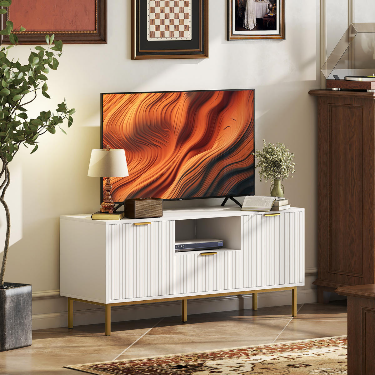 TV-LOWBOARD Weiß 120/39/54 cm, Soft-Close, Metallfüße, geriffelte Türen - Weiß, Holzwerkstoff (120/54/39cm) - PANGIVO