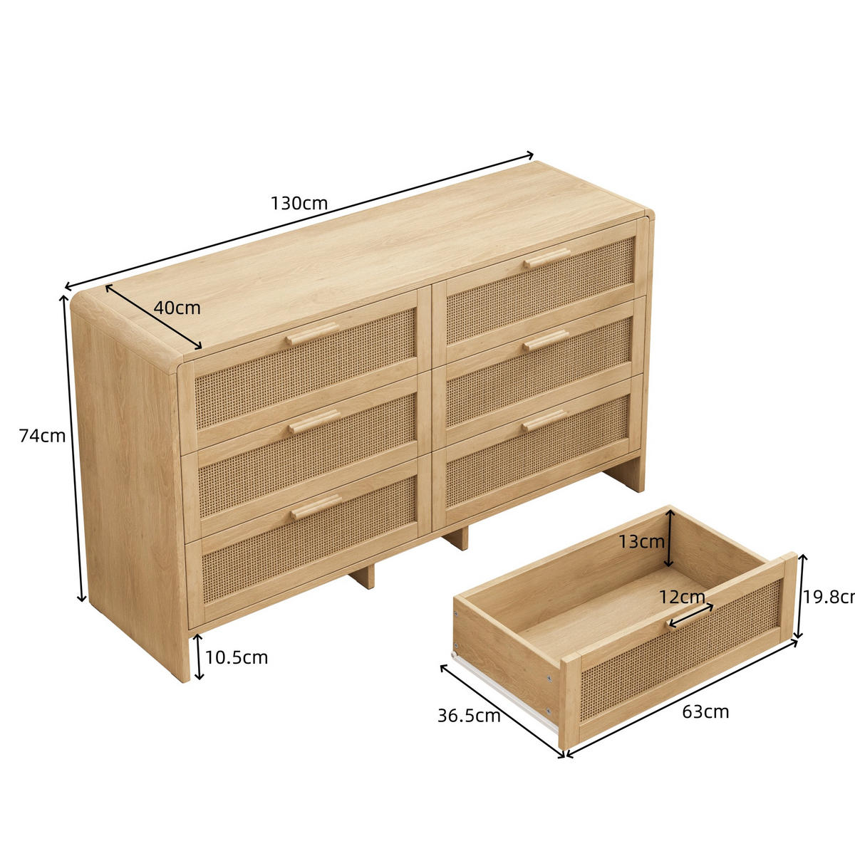KOMMODE 130 cm Natur aus Holzwerkstoff mit Rattangeflecht - Naturfarben, Holzwerkstoff (40/74/130cm) - OKMYHOME
