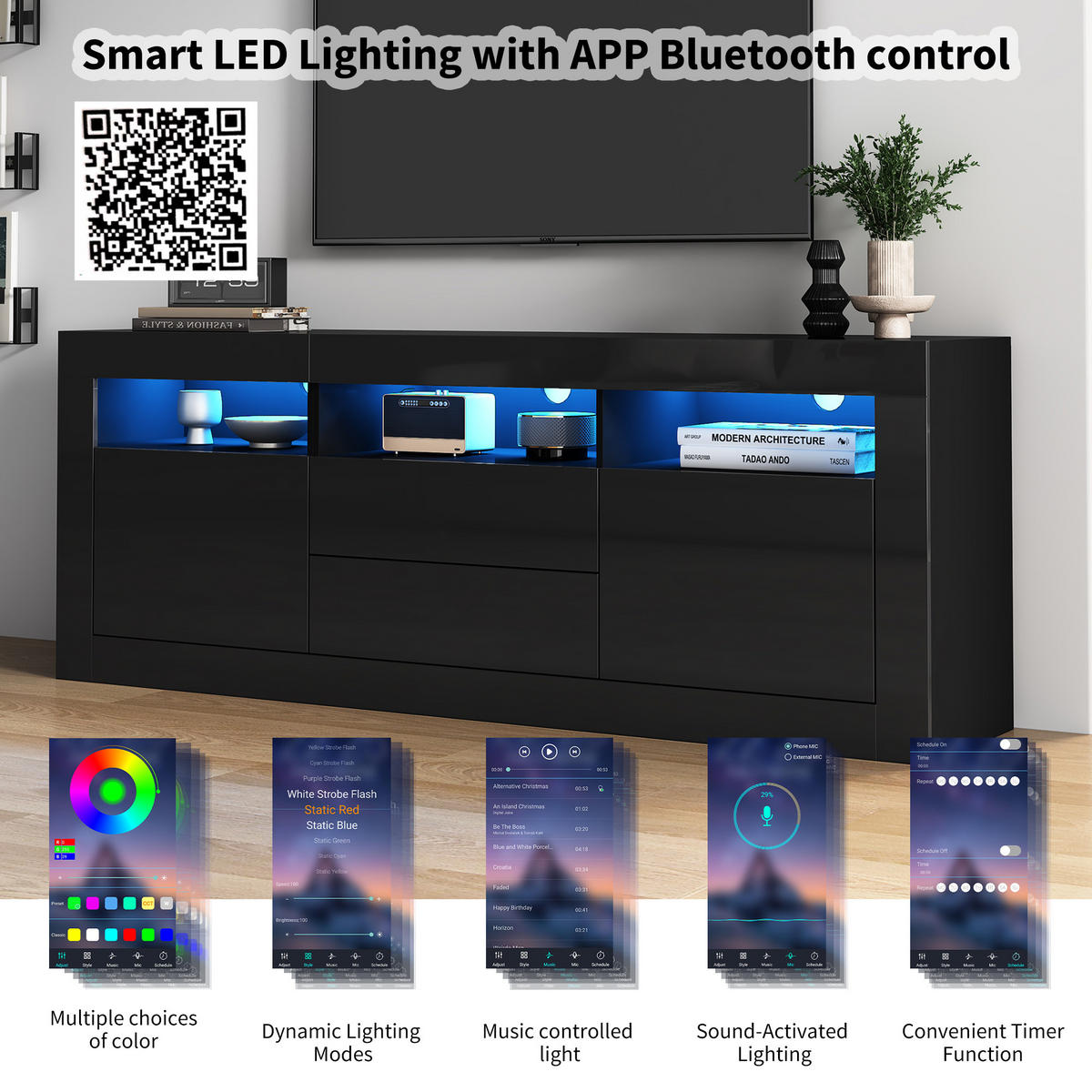 TV-LOWBOARD Led Schwarz 160/35/60 cm - Schwarz, Holz (160/60/35cm) - PANGIVO