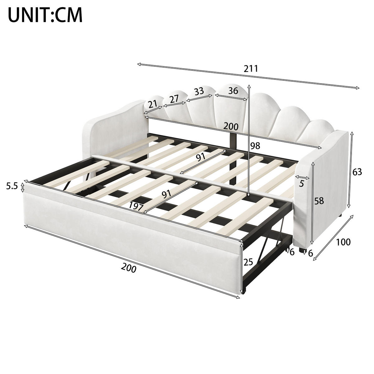 BETT 90/200 cm in Weiß Samt mit Ausziehbett und LED - Weiß, Holzwerkstoff/Textil (90/200cm) - WISHDOR