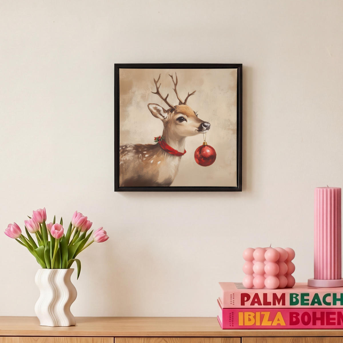 LEINWAND Bilder mit Rahmen - Weihnachten - Hirsch - Geweih - Weihnachtskugel - Rentier - 20x20 - Hellbraun, Textil (20/20cm) - MuchoWow