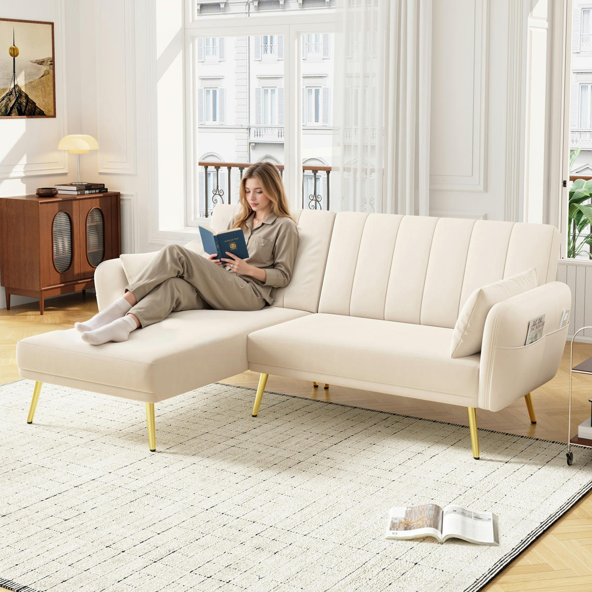 ECKSOFA, Samt mit Schlaffunktion & verstellbarer Rückenlehne, 191,5/130,5/80 cm, Beige - Beige, Textil (130.5/191.5cm) - Redom