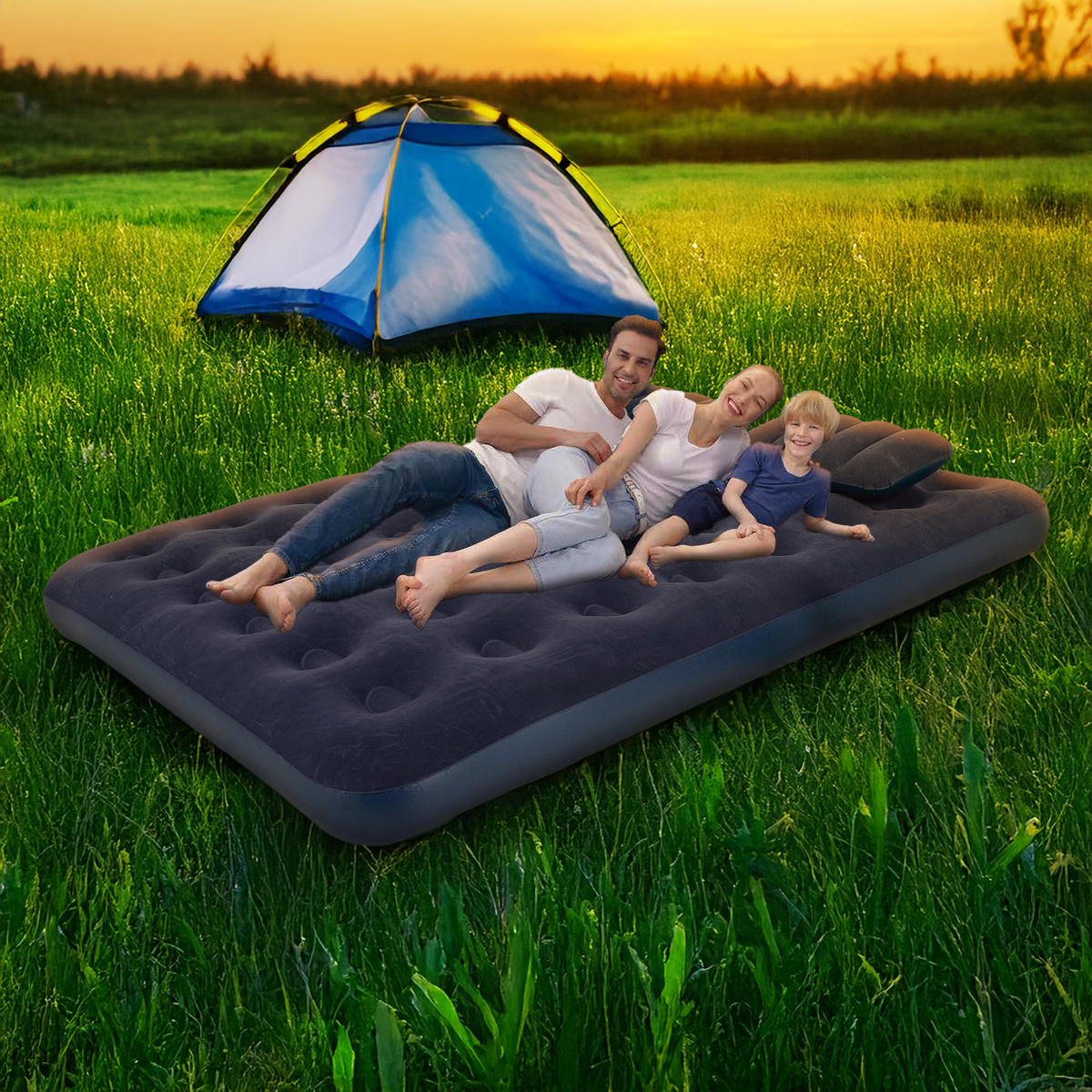 LUFTBETT Luftmatratze Camping 2 Personen 203x152x22cm blau 2 Kissen & Luftpumpe - Blau, Kunststoff (152/203cm) - Avenli