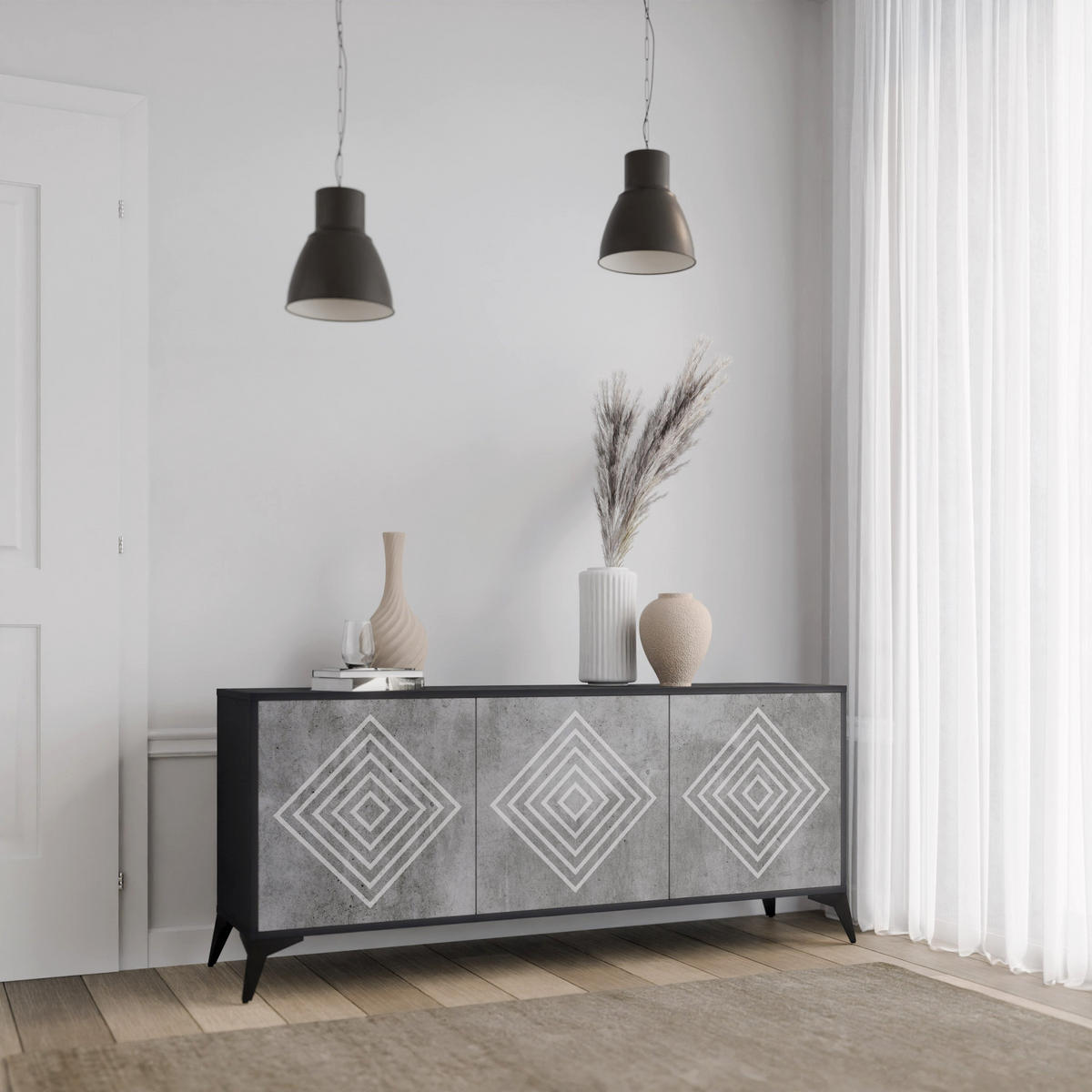 SIDEBOARD POLYGONAL ARTISTRY, Eicheneffekt, 164,5x42x77,5 cm, 3 Türen - Eichefarben/Buchefarben, Holzwerkstoff/Buchenholz (164.5/77.5/42cm) - SpaceRebels