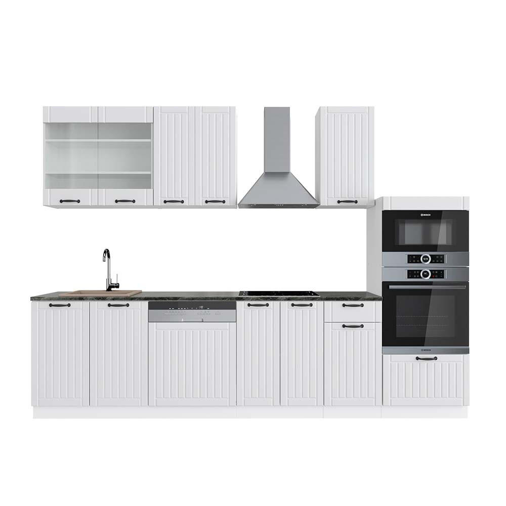 KÜCHENZEILE Fame-Line Weiß Landhaus/Weiß 300 cm mit Hochschrank AP Anthrazit - Creme/Weiß, Holzwerkstoff (300/81.6/60cm) - Vicco