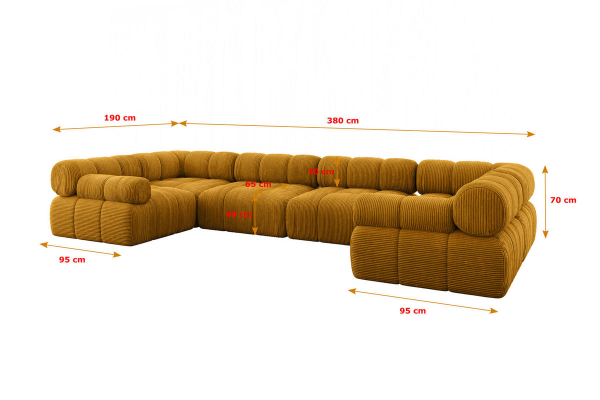 WOHNLANDSCHAFT modulares Sofa Birno-U2 - 380x190x70 cm Senfgelb Cord - Currygelb, Holzwerkstoff/Textil (380/70/190cm) - ALTDECOR
