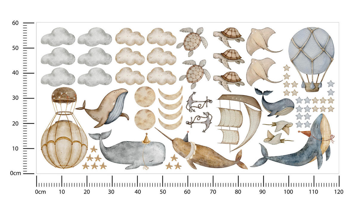 WANDSTICKER SET Wale Schildkröten Wolken Luftballons Sterne 120x60 - Beige/Braun, Papier (120/60/1cm) - Muralo