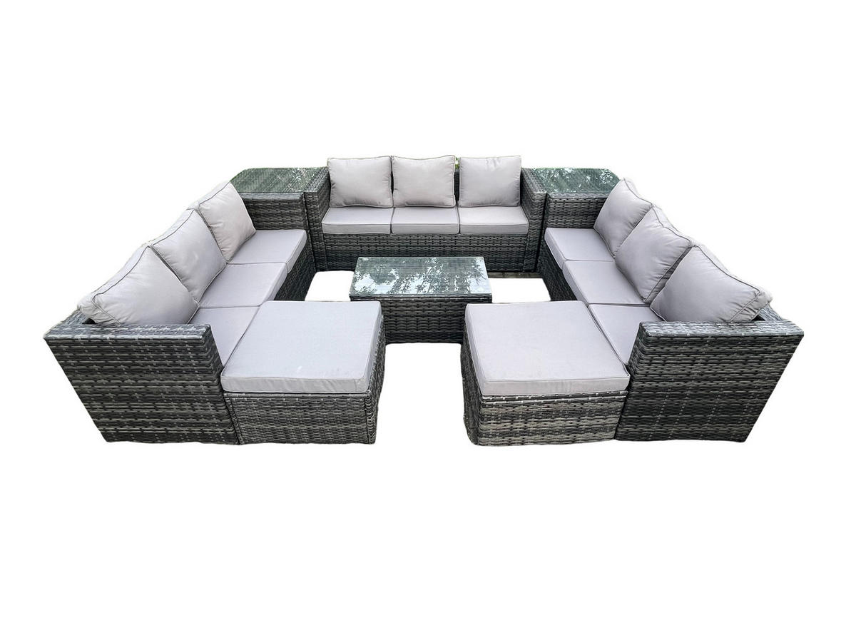 GARTENSET mit Beistelltisch Polyrattan 11-Sitzer - Dunkelgrau, Metall - Fimous