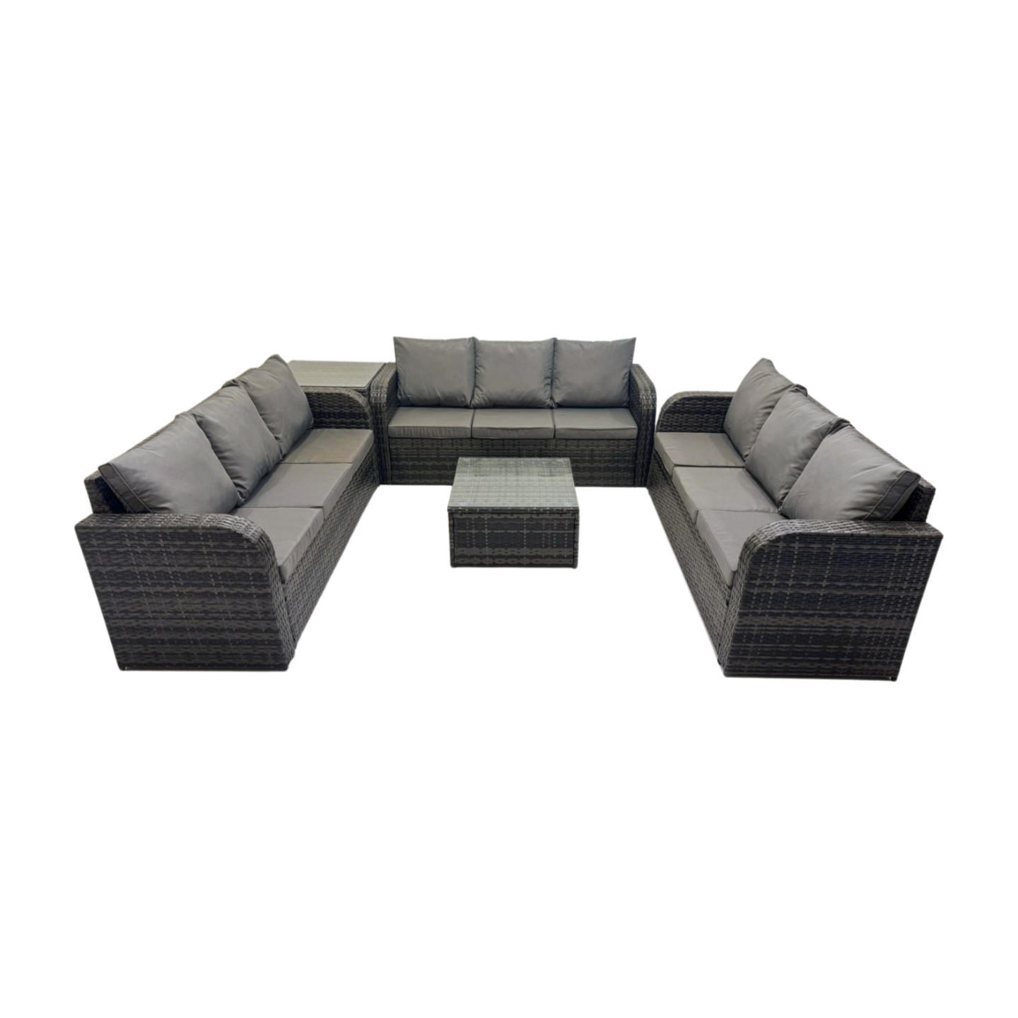 GARTENMÖBELGARNITUR mit KISSEN Polyrattan Dunkelgrau 9-Sitzer - Dunkelgrau/Grau, Glas/Kunststoff - Fimous