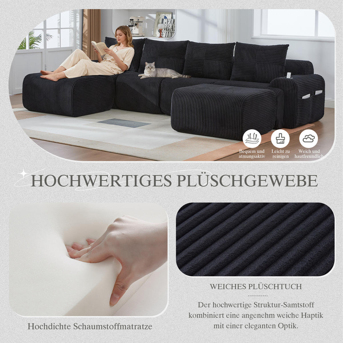 WOHNLANDSCHAFT 4-Sitzer mit 2 Hockern Getränkehalter und Seitentasche 333/174/80 cm Schwarz - Schwarz, Textil (174/80/333cm) - Redom