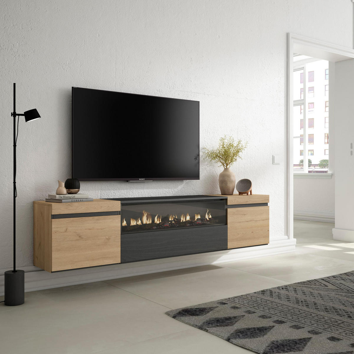 LOWBOARD Elektrokamin, Hängend, eiche, schwarz, 200/35/45cm - Eichefarben/Naturfarben, Holzwerkstoff (200/45/35cm) - Skraut Home
