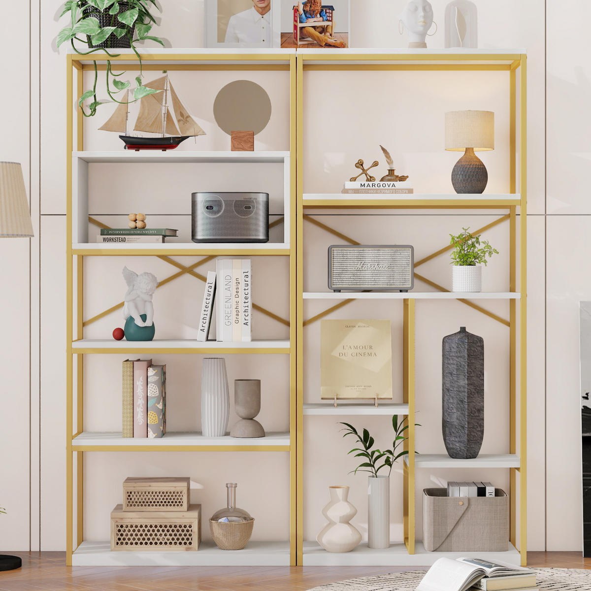 BÜCHERREGAL Gold Weiß X-Verstrebung Mehrfachfächer modern stabil - Goldfarben, Holzwerkstoff/Metall (160/180/39.5cm) - EVRYAE