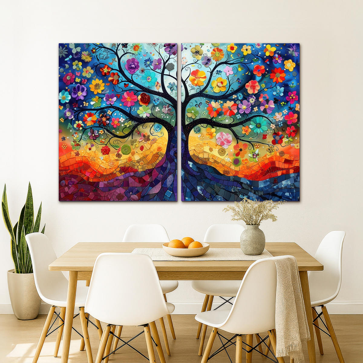 LEINWANDBILD 2er Set Bunt - Baum des Lebens - Blumen - Abstrakt 180x120 cm - Blau, Textil (180/120cm) - MuchoWow