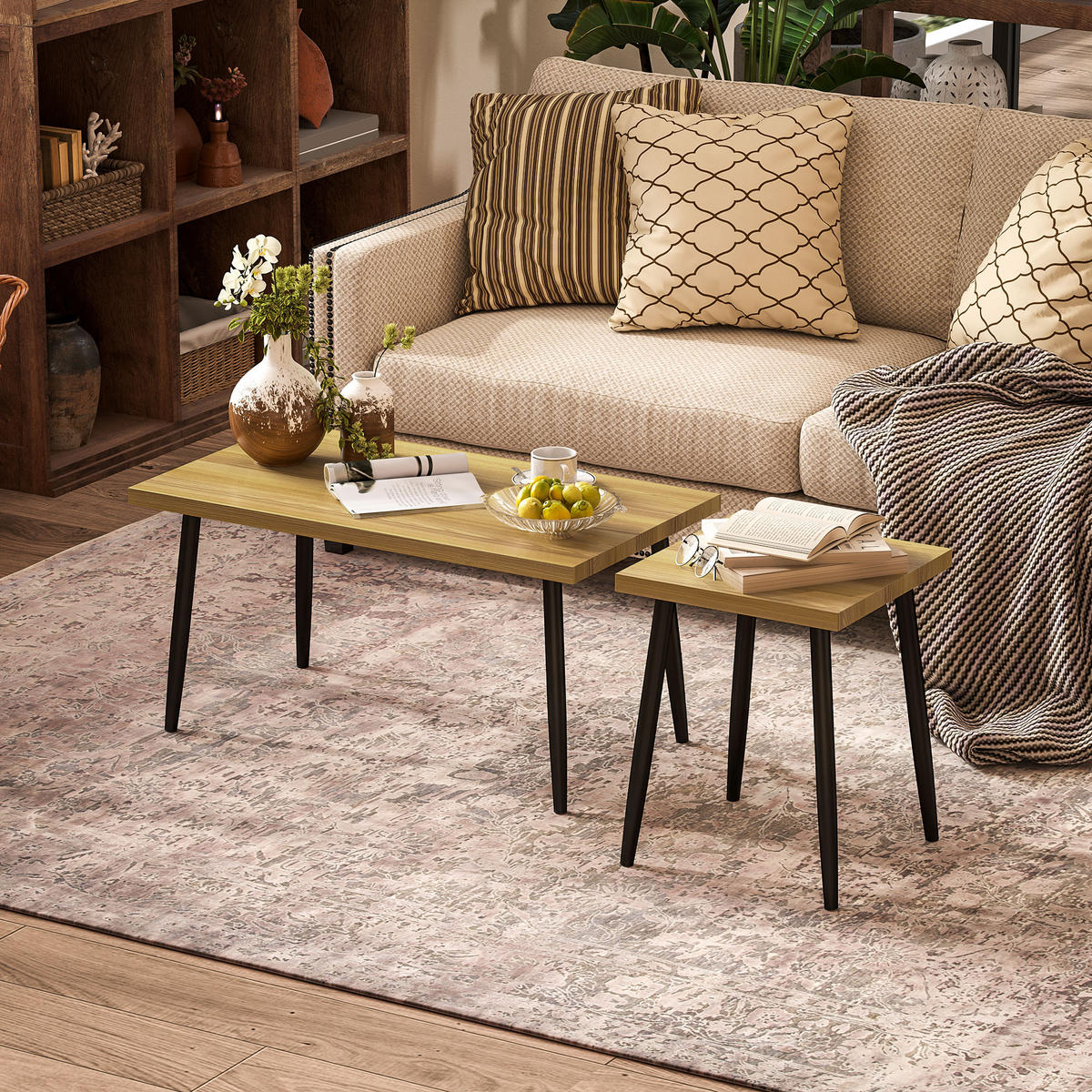 COUCHTISCH 2er Set Beistelltisch mit Stahlrahmen, für Wohnzimmer Natur - Naturfarben, Holzwerkstoff (90/50/45cm) - HOMCOM